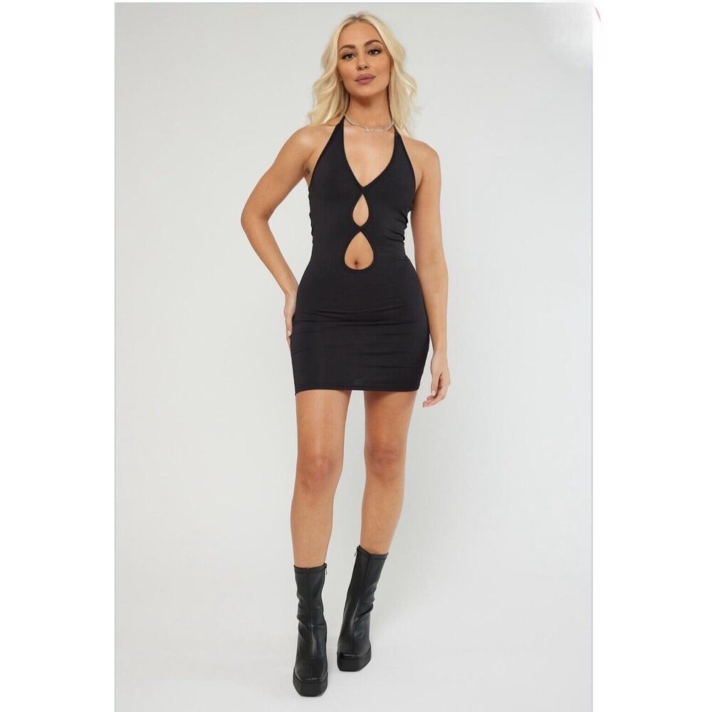 Dyln Black Aida Bodycon Deep V Halter Top Key Hole Front Cutouts Mini Dress XS